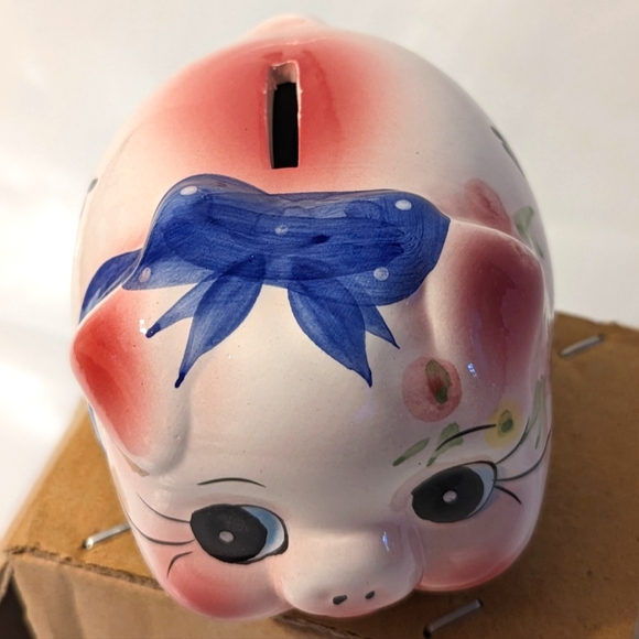 Vintage Ceramic Piggy Bank Big Eyes Blue Bow With Pink Ears Rare #26 - Picture 6 of 6